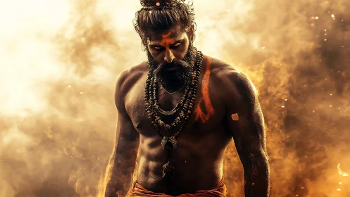 Fire-forged ascetic stands blazing amid swirling embers.