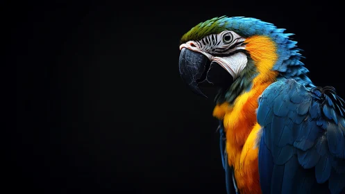 Vibrant Blue and Yellow Parrot Portrait on Dark Background.