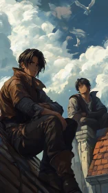 Rooftop sentinels under cumuliform sky in painterly anime style.