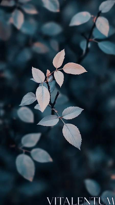 Cyan-toned leaf cluster with shallow depth of field focus.