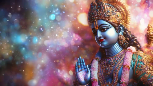 Radiant blue deity offers gentle blessing in glowing light