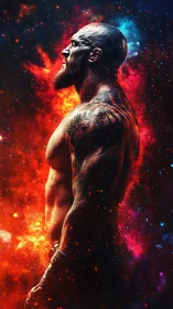 Tattooed muscular figure in profile amid nebula colors.