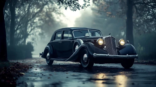Midnight fog crowns the vintage sedan with quiet grandeur