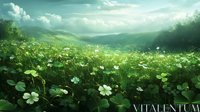 Four leaf clover meadow stretches across sunlit green hills