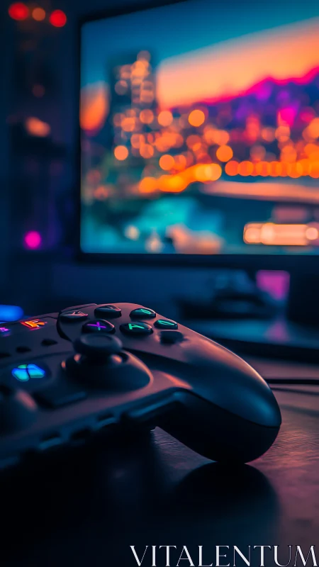 Gaming Controller Display Setup with Illuminated Monitor