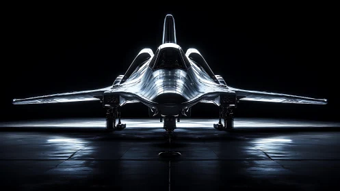 Stealth aircraft front view in dark hangar with strong lighting.