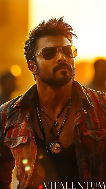 Man in sunglasses in warm sunset backlight, casual attire.