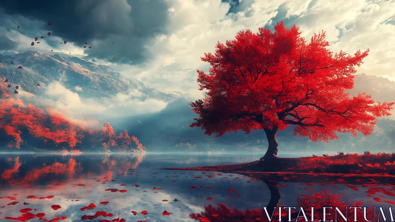 Solitary crimson tree reflects across tranquil mountain lake