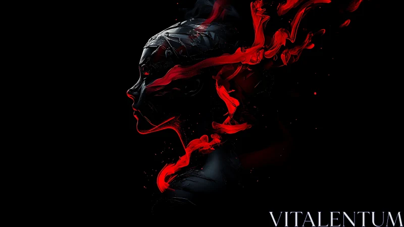 Cybernetic silhouette with fluid crimson data plumes.