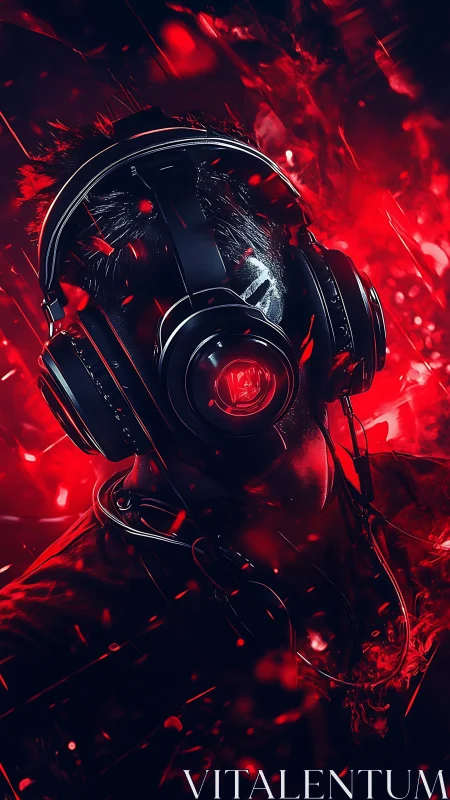 Cybernetic gamer portrait glows in intense red backlight