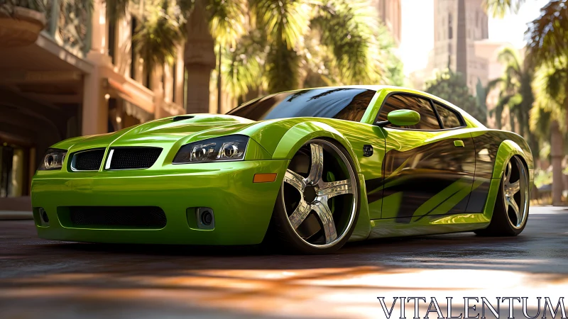 Lime green muscle car glows under sunlit palm boulevard.