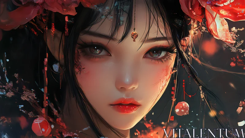 Digital portrait of stylized woman with red floral adornment.