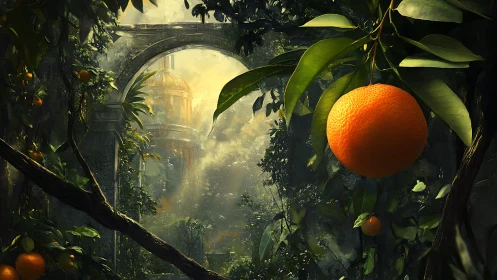 Sunlit orange grove framing ancient domed stone ruin.