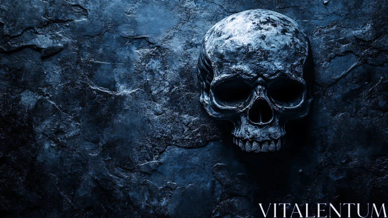 Weathered metallic skull mounted on rough blue stone wall