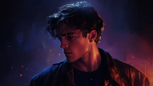 Brooding young man in neon dusk with cinematic side light.