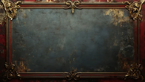 Empty ornate gold frame surrounds distressed blue panel