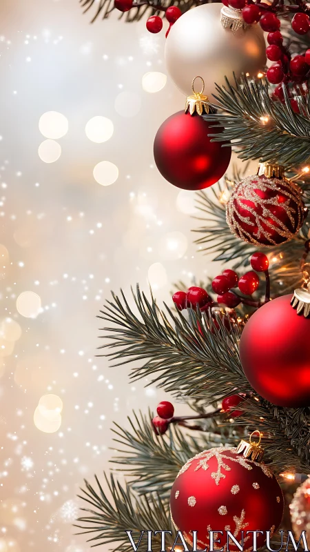 Red and gold Christmas baubles glow on a festive tree.