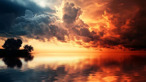 Stormlit sunset clouds glowing over a glassy quiet lake.