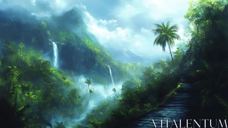 Mountainous tropical landscape with cascading waterfalls and layered vegetation.
