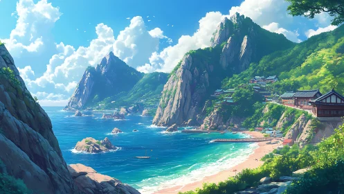 Sunlit coastal village nestles below towering jade peaks.