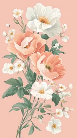 Floral Botanical Arrangement with Coral and White Blooms