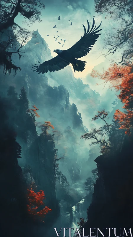 Soaring eagle above misty cliffs and glowing autumn forest.