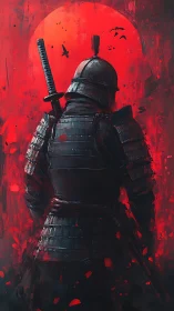 Armored samurai silhouette confronts crimson sun backdrop