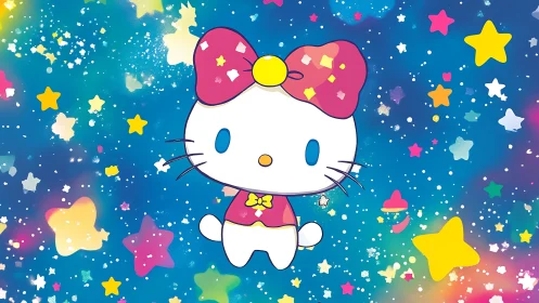 Stargazing kitty drifts through a dreamy candy sky.