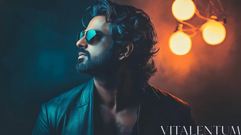 Male subject in leather jacket under orange studio lights.