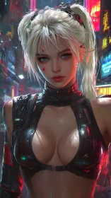 Cyberpunk warrior girl in neon city nightscape portrait.