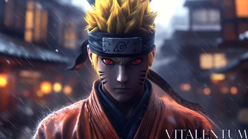 High-detail anime warrior portrait with cinematic rainy lighting