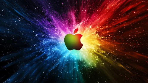 Iridescent apple emblem anchors radial neon light burst