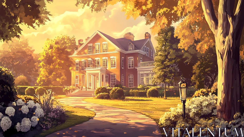 Sunlit brick mansion stands amid landscaped autumn garden