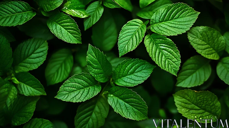 Lush green foliage with detailed leaf veins in soft light.