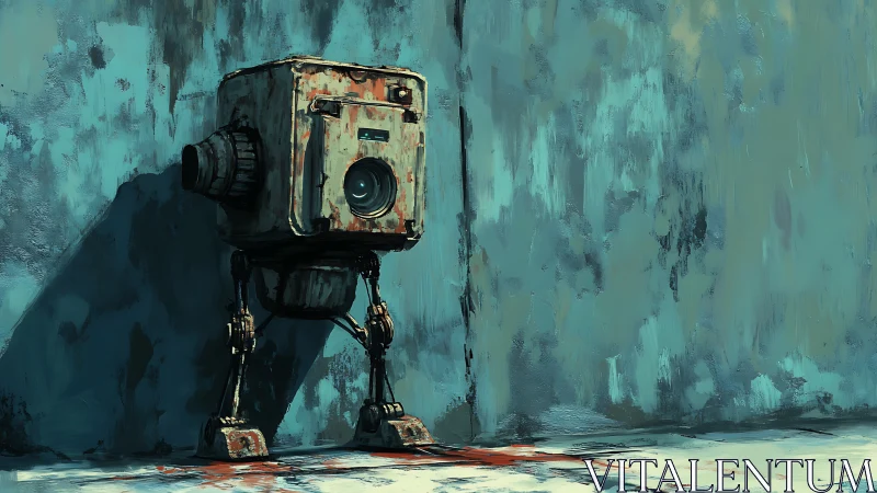 Box-like bipedal robot against worn teal concrete wall.