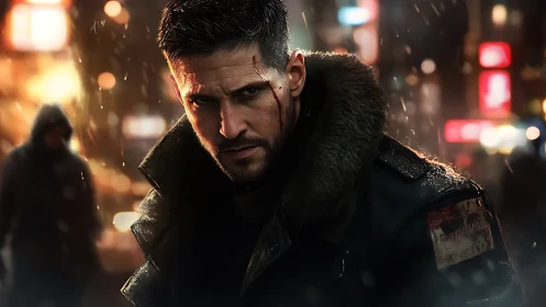 Man with scarred face stands in snowy neon city street