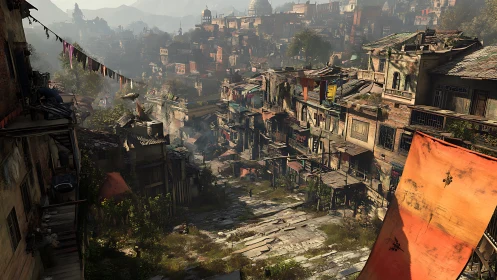 Digital painting of terraced hillside shantytown in warm haze.