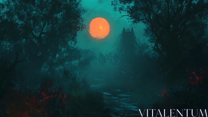 Orange full moon rises above dense, silhouetted forest path