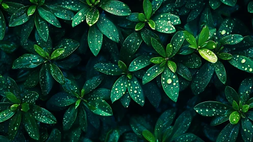 Macrophotographic leaf array with specular rain droplet highlights.