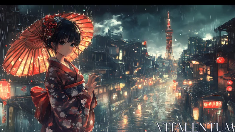 Kimono-clad girl with wagasa in rainy neo-Tokyo alleyway