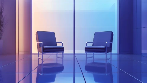 Modern minimalist office lounge with two armchairs, blue tones.