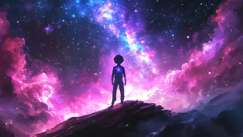 Stargazing dreamer standing beneath a glowing cosmic sky.