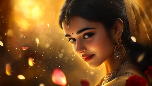 Golden-hour portrait of adorned woman in warm bokeh glow