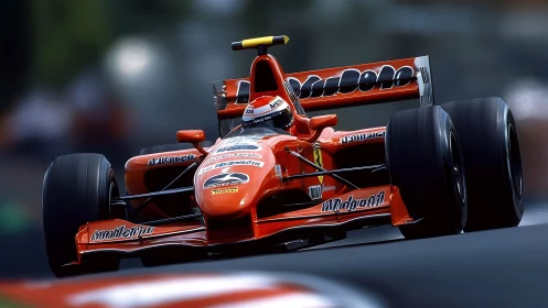 Red Formula 1 car attacks a high-speed corner in motion.