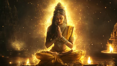 Golden goddess meditation amid sacred temple fire glow.