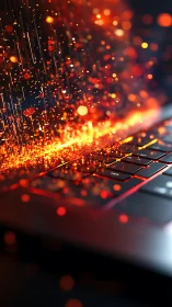Keyboard forges data sparks while digital embers cascade