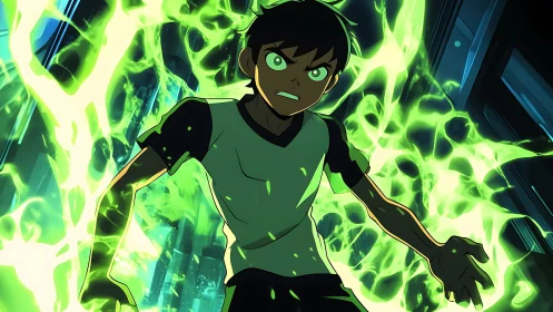 Teen boy surrounded by green energy in urban setting.