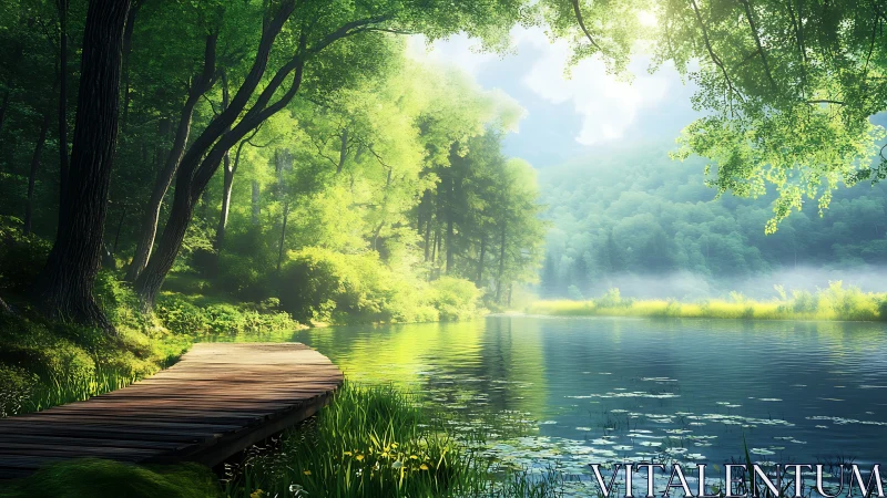 Wooden Dock Extending Into Forested River With Overhanging Trees