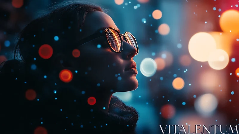 Neon snowfall glows around reflective city dreamer at dusk.