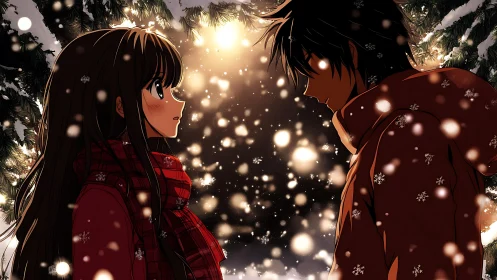 Anime winter couple under glowing snow lights at night.